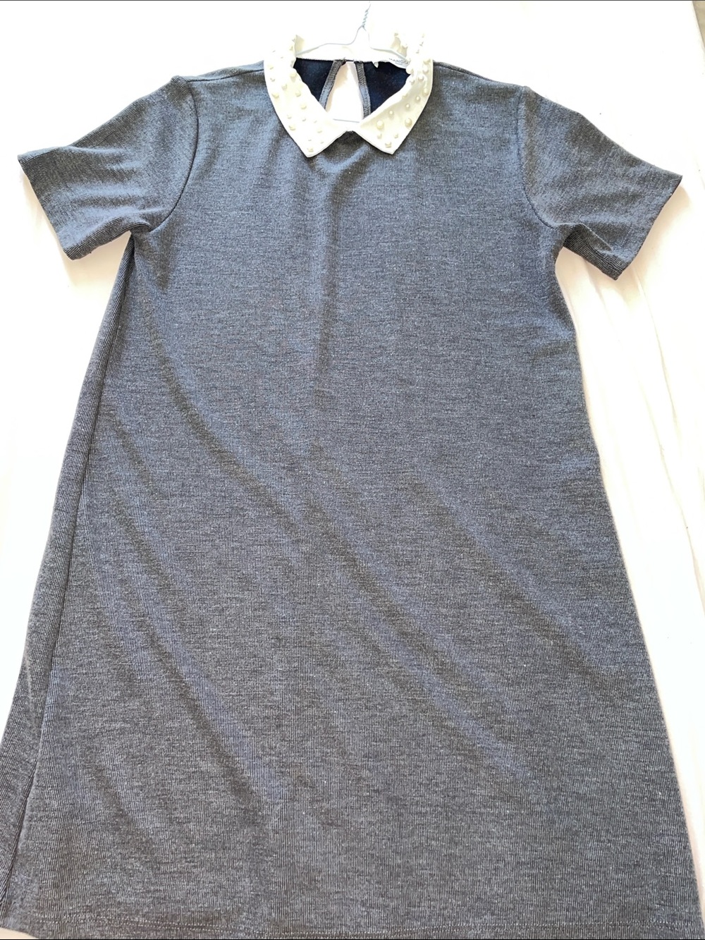 Mango Gray Knit Dress with Pearl-Embellished Cream Collar